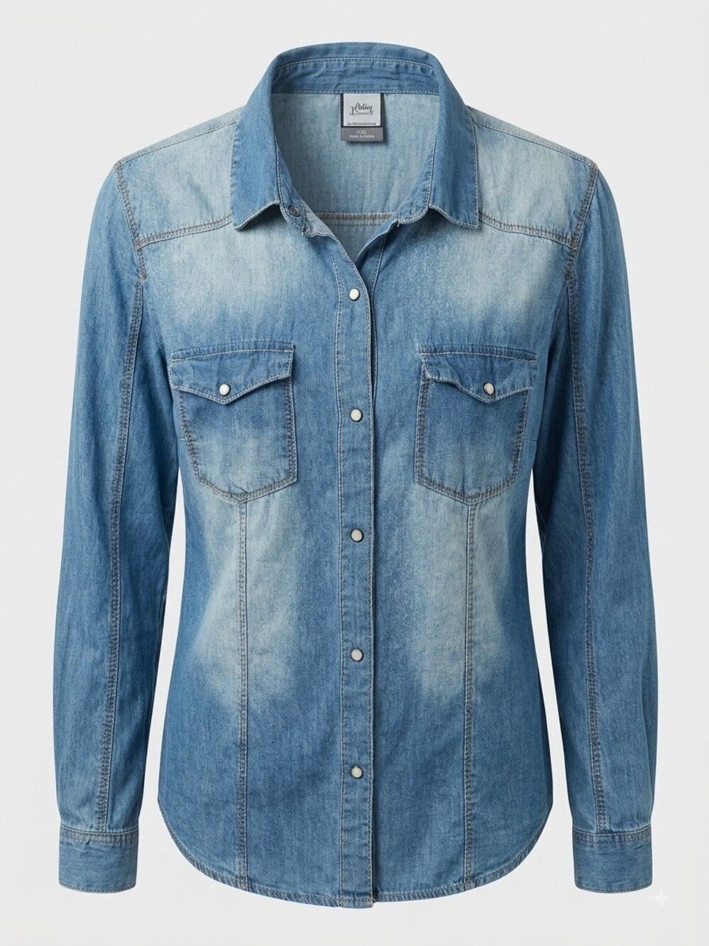 Ashley Denim Womens XL Western Pearl Snap Button Denim Shirt Acid Wash Y2K